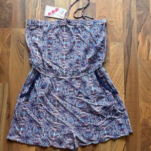 Three Pink Hearts Woman’s Size L Blue and Pink Patterned Romper NWT